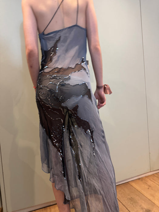 Sabrina, vintage bias cut asymmetric chiffon silk beaded dress