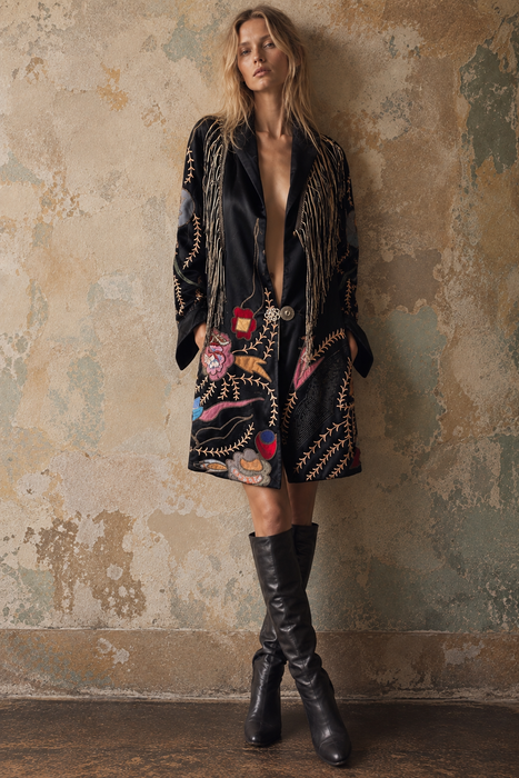 Arca, reworked Art Deco silk embroidered coat with fringing