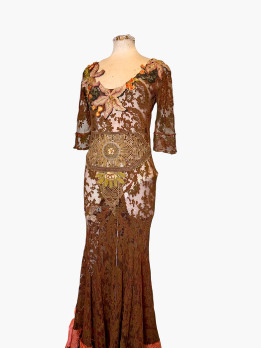 Arlo, 1930s burnt orange lace bias cut dress with Edwardian metallic embroidery and hand made silk florals