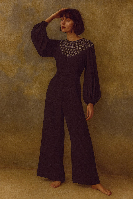 Beluga, reworked 30s black crepe and rhinestone jumpsuit with balloon sleeves