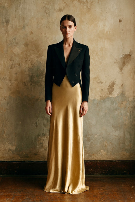 Jen, reworked 40s wool tail coat with Antique gold dragon embroidered design