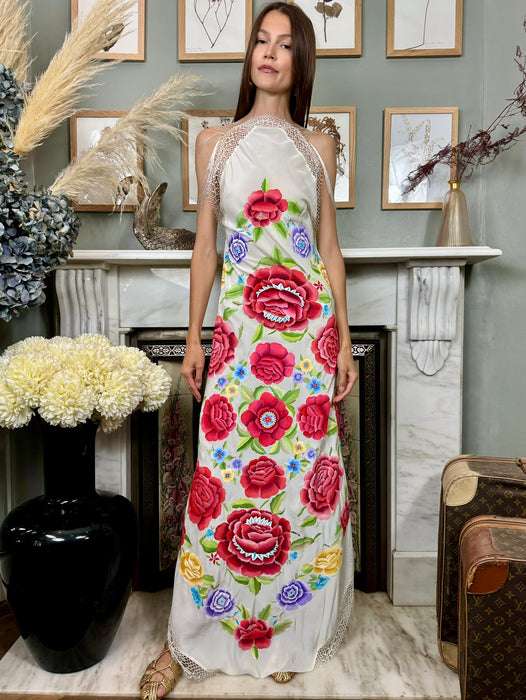 Ocra, 40s silk hand painted floral fringed dress