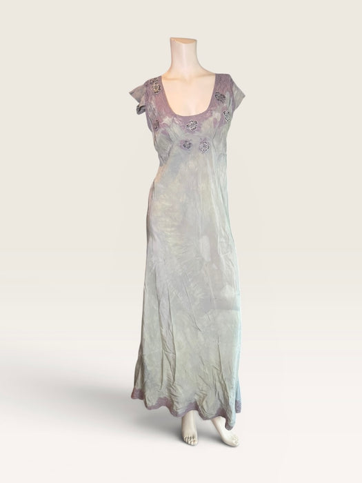 Odette, 1930s hand dyed antique blue silk and lace beaded dress