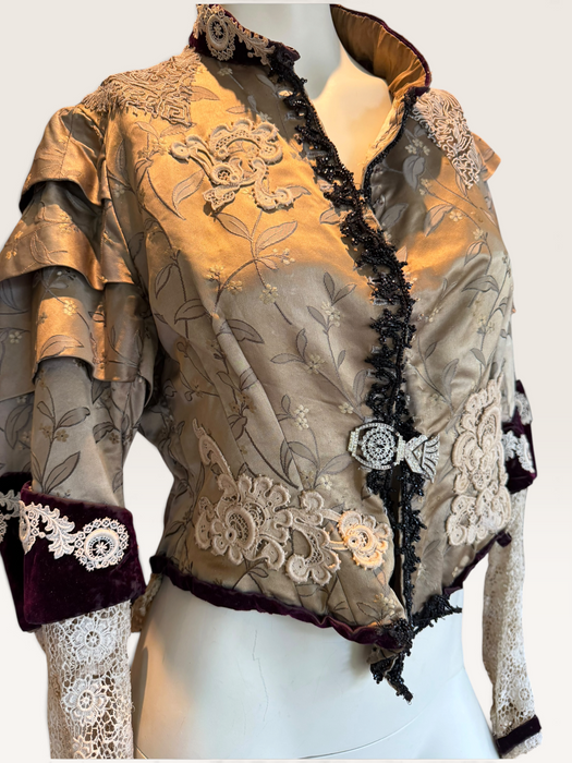 Carlotta, reworked Victorian silk damask and lace boned beaded jacket