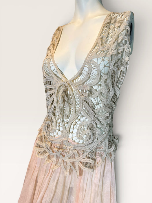 Rosa, reworked Victorian tape-work cream top and pink organza tiered skirt