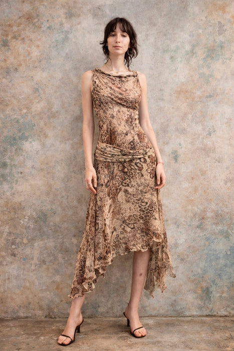 Plato, Vintage animal print draped silk chiffon asymmetric dress