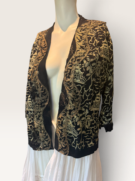 Pagoda, 1930s Chinese embroidered silk jacket with metallic gold embroidery