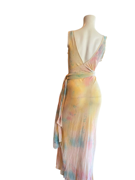 Aline, hand dyed 30s silk bias cut dress with attached belt/cape