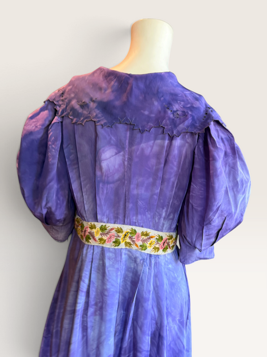 Hyacinth, 30s hand dyed silk robe with Edwardian ribbon florals