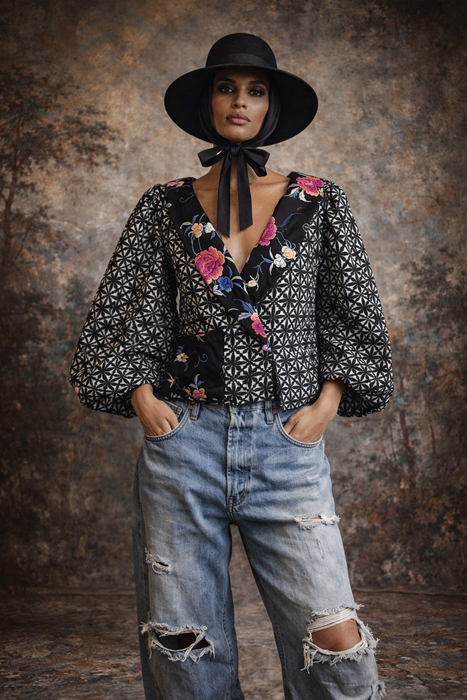 Jade, reworked vintage silk floral jacket with flare sleeves