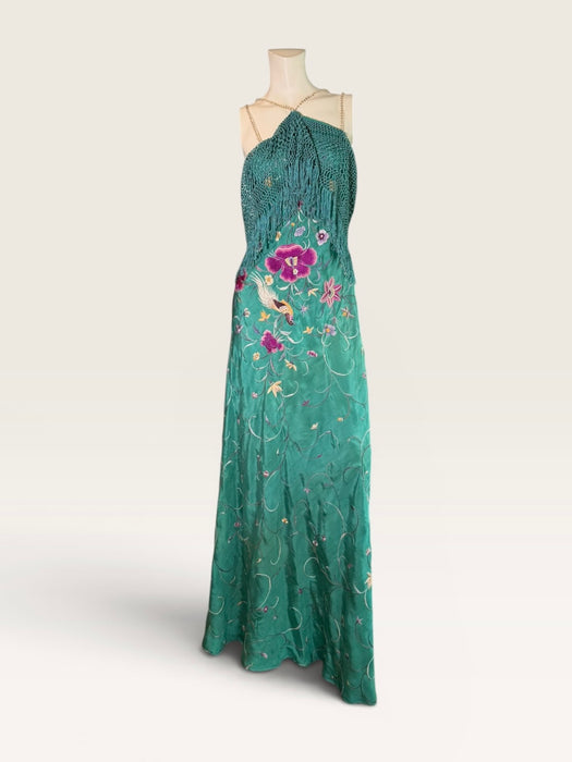 Dora, reworked 1940s silk embroidered fringed piano shawl dress