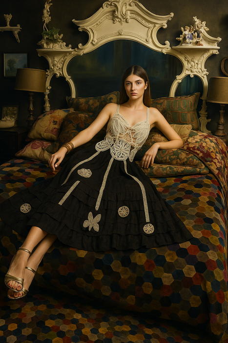 Alina, reworked Victorian tape work and silk lace dress
