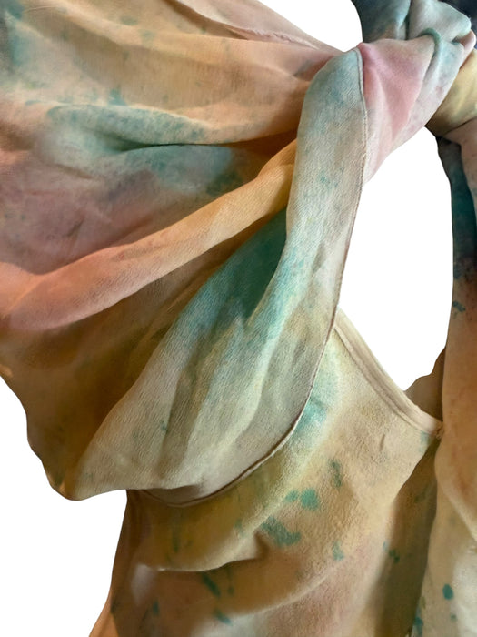 Aline, hand dyed 30s silk bias cut dress with attached belt/cape