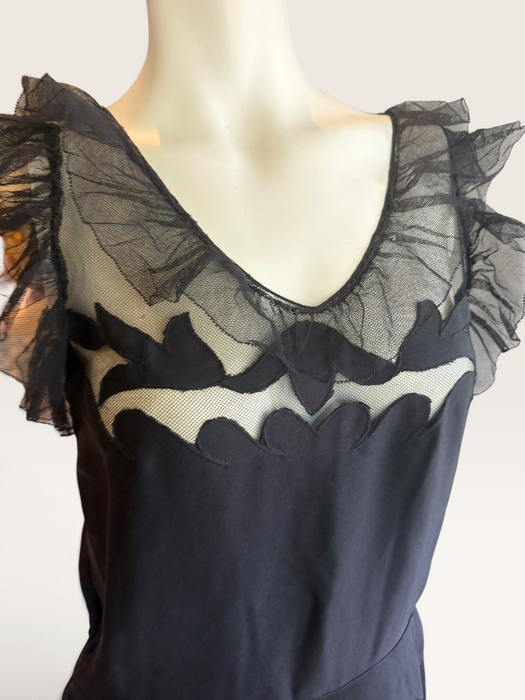 Oriel, 30s black net silk cut out frill dress