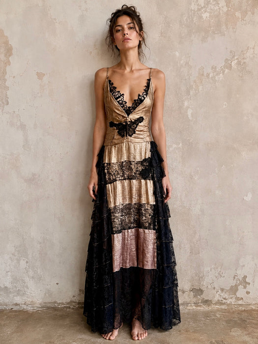 Fay, reworked 1930s gold and black lace tiered dress