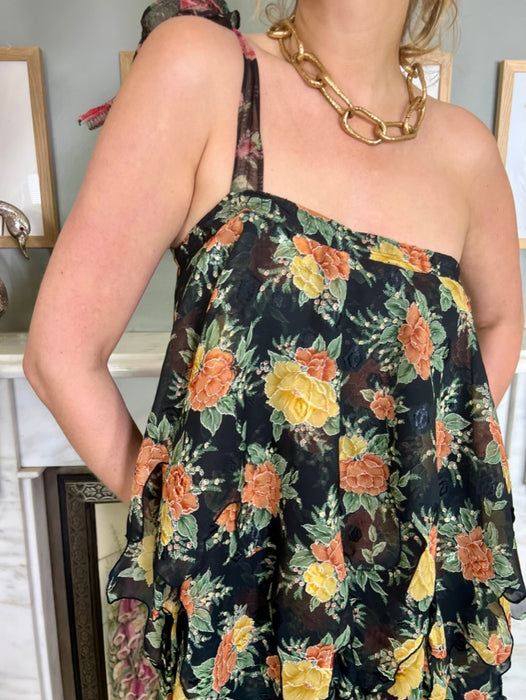 Olsen, 70s floral tiered one shoulder dress