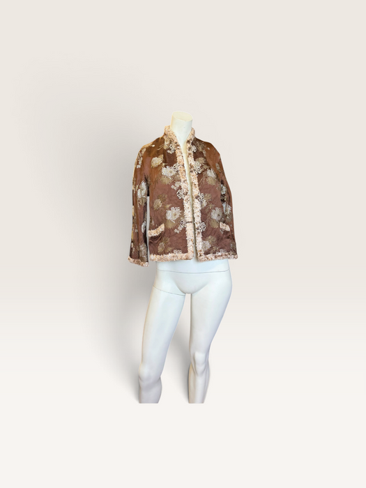 Edina, 70s Oriental camel silk damask teddy lined jacket