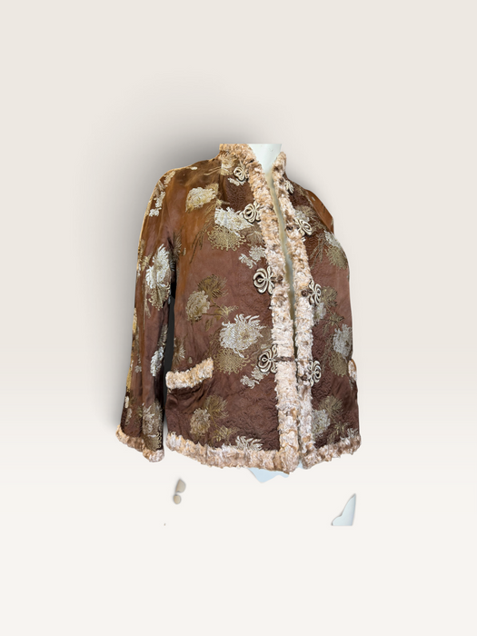 Edina, 70s Oriental camel silk damask teddy lined jacket