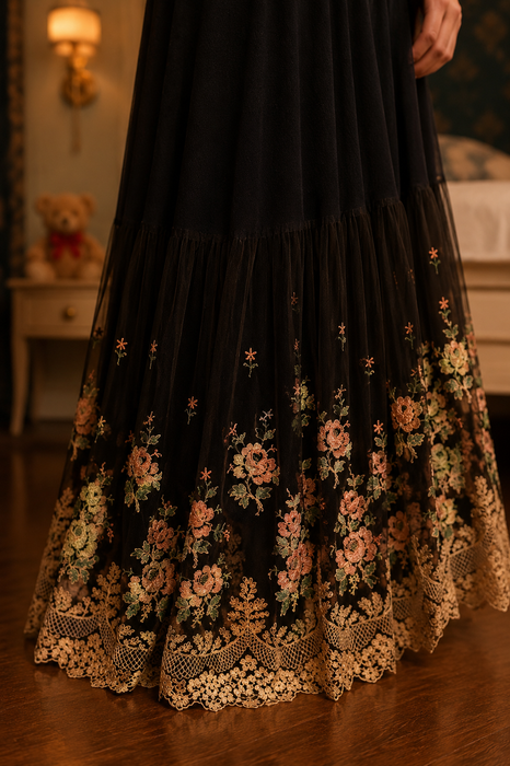 Andrea, 1970s black crepe and lace tiered dress