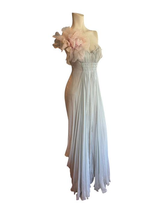 J Mendel, duck egg blue, chiffon draped corseted dress