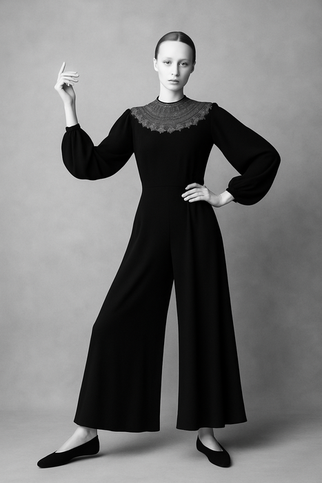 Beluga, reworked 30s black crepe and rhinestone jumpsuit with balloon sleeves