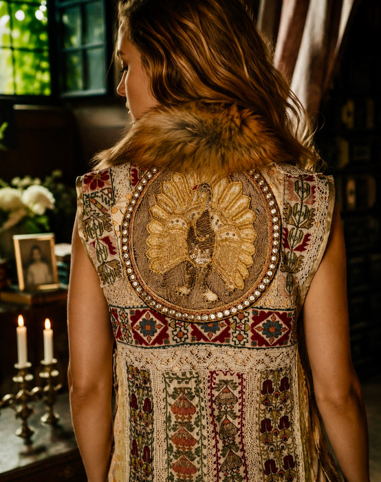 Chiara, 19th C Greek hand woven embroidered waistcoat with a faux fur collar and beaded side pocket