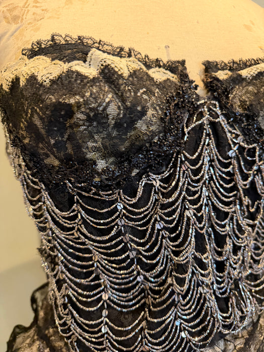 Aurora, repurposed 1940s lace corset with 20s beading and French chantilly lace