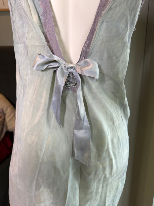 Odette, 1930s hand dyed antique blue silk and lace beaded dress