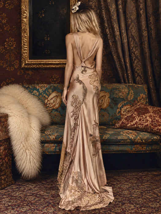 Daria, reworked antique pink bias cut silk and 1930s découpage gown