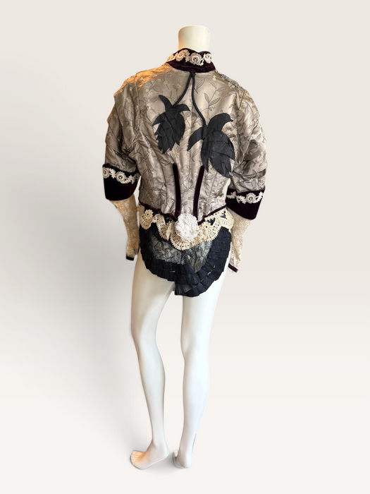 Carlotta, reworked Victorian silk damask and lace boned beaded jacket