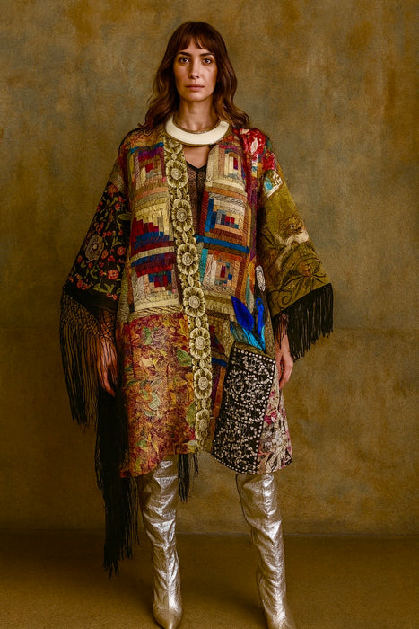 Adonis, 40s Irish wool hooded patchwork fringed coat