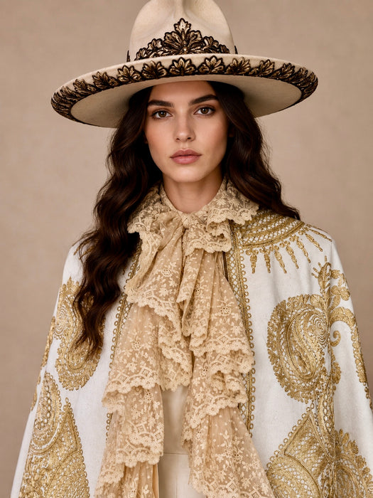 Shay, Ottoman cream and gold embroidered cape with cream lace ruffle collar