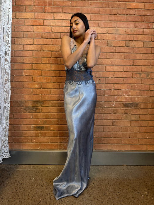 Azure, 20s bias cut hand dyed dress with lace detail