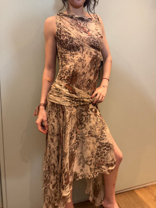 Plato, Vintage animal print draped silk chiffon asymmetric dress