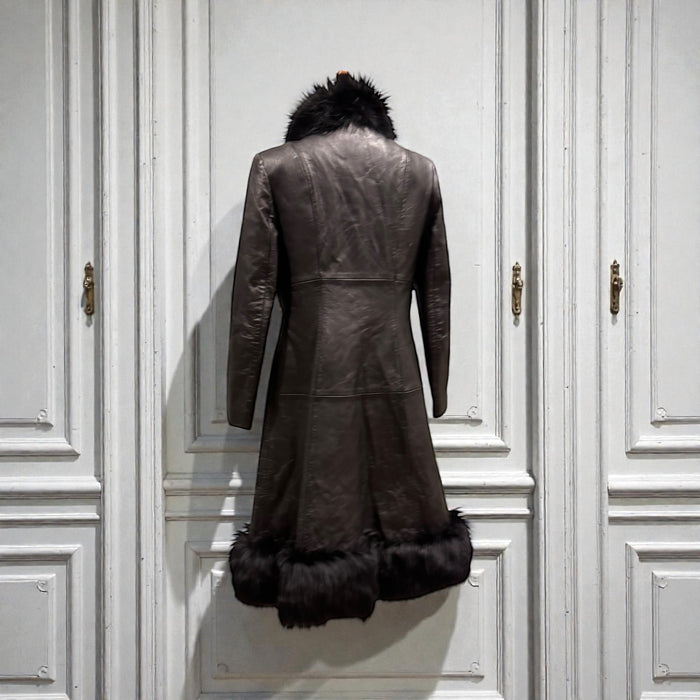 Ali, 70s original black leather and faux fur buckle coat