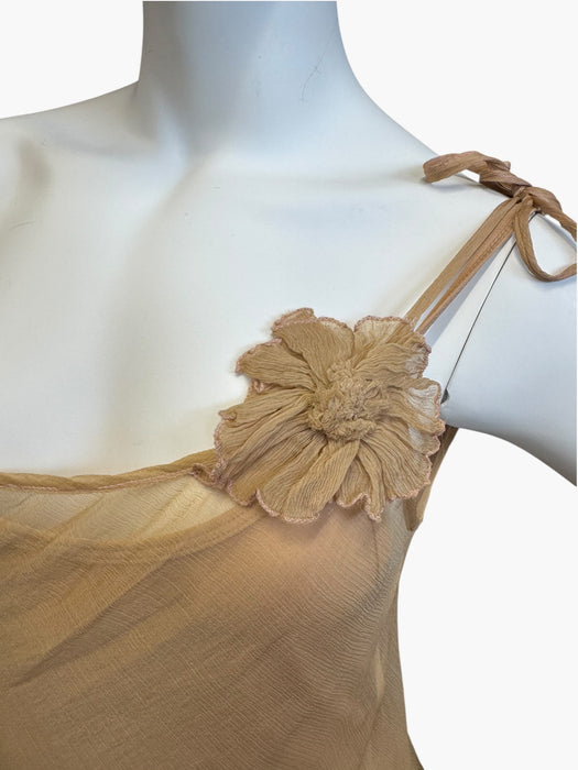 Laine, bias cut silk chiffon and pink dyed handkerchief dress with rosettes