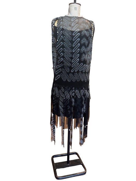 Zandra Rhodes, Rare 70s navy print silk slip and ribbon beaded dress with pearl trim