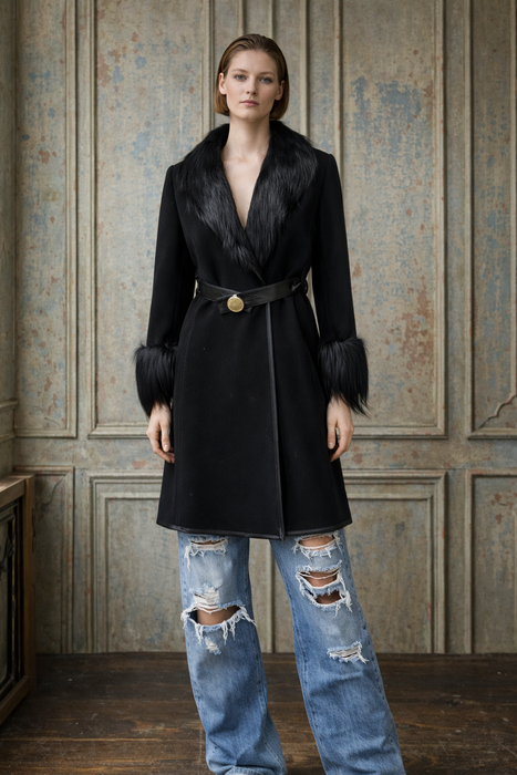 Baccarat, 70s black wool, leather and fur coat