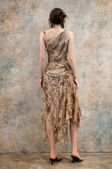 Plato, Vintage animal print draped silk chiffon asymmetric dress
