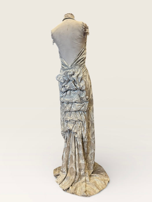 Monica, 20s silver floral lamé dress with bustle train