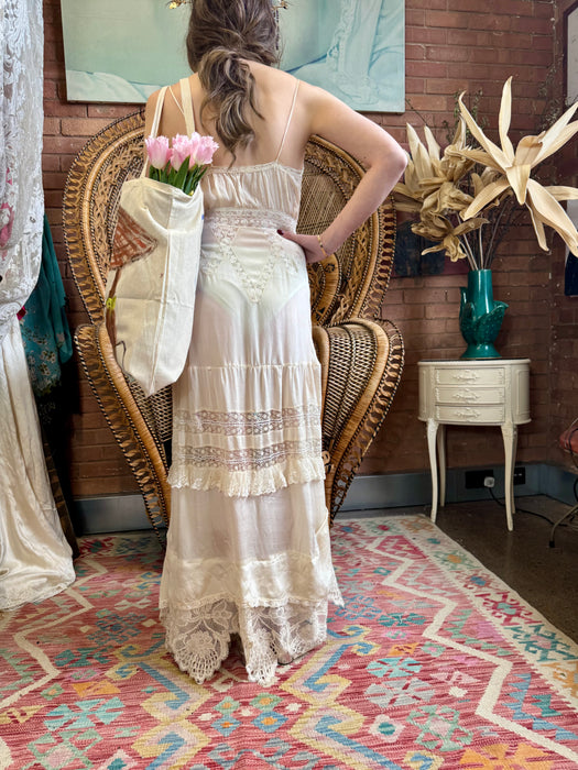 Jo, reworked 20s silk and lace long dress