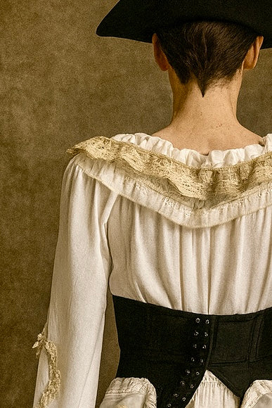 Pluto, reworked corseted lace and beaded poet blouse