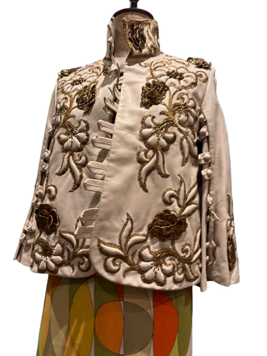 Jean-Louis Sherrer, 80s couture lather nappa cream leather jacket with gold thread quilted embroidery