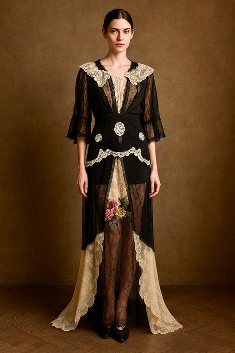 Lora, reworked 20s black silk tulle, lace and garter dress