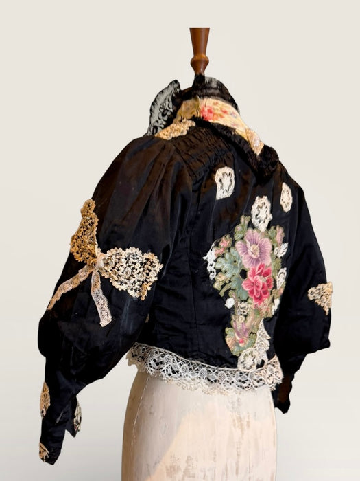 Kiki, Victorian black silk jacket with mutton sleeves, embellished with beaded lace