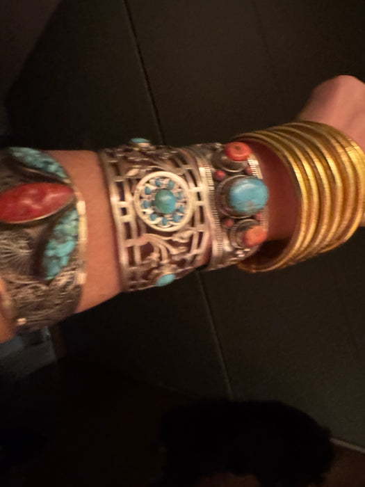 Julia, antique Native American silver turquoise cage etched cuff