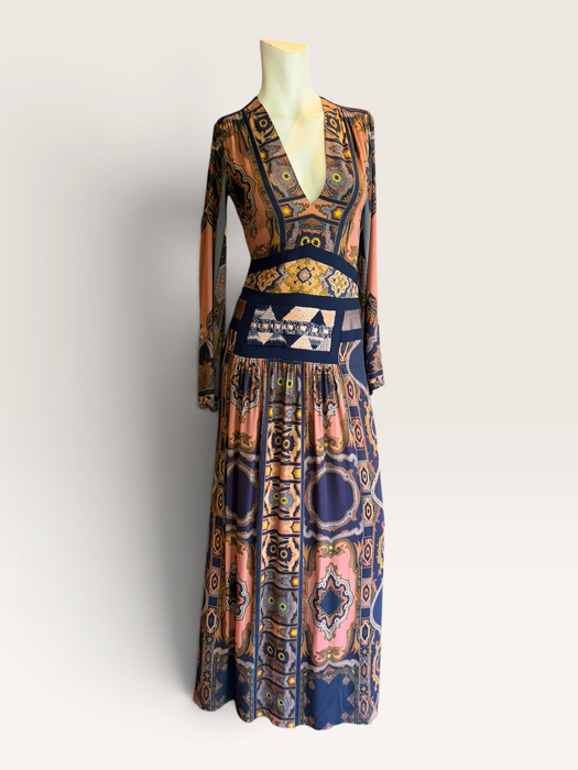 Etro, Fall 2015, runway geometric print beaded long jersey dress