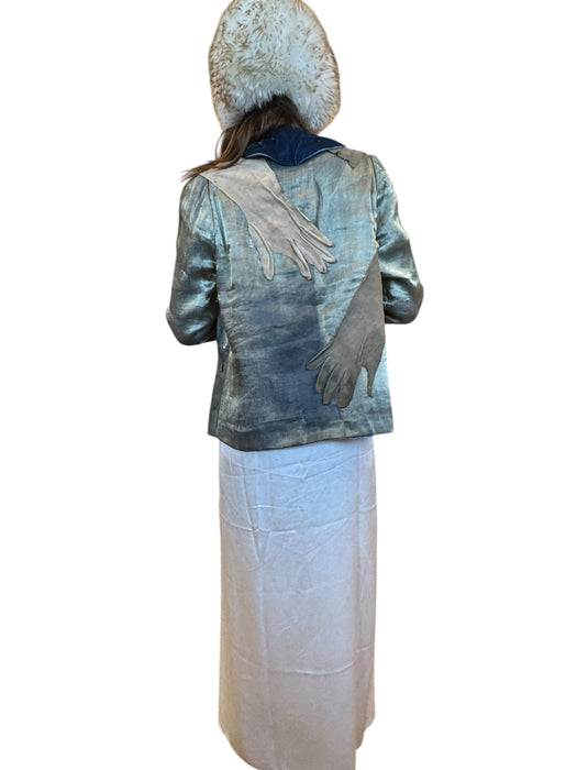 Serena, reworked 20s silver lamé and blue velvet jacket with 20s leather gloves