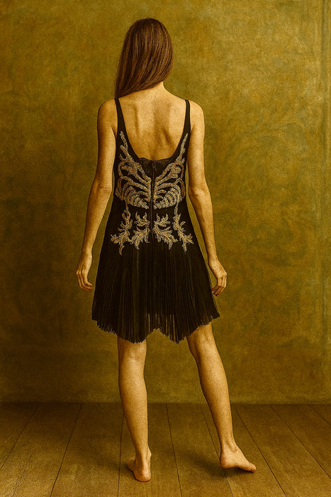 Clara, vintage silk and gold beaded pleated dress