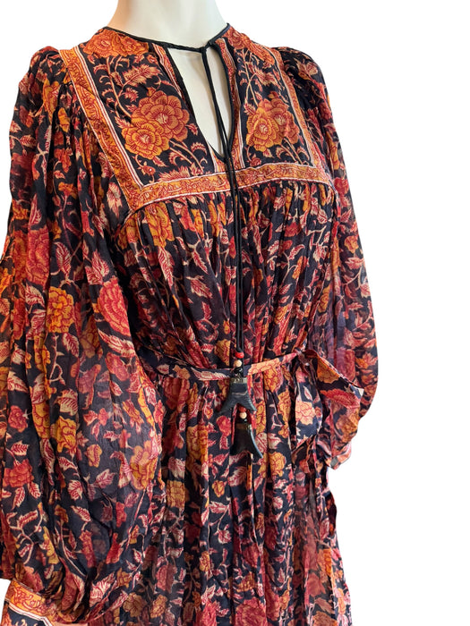 Anchor, 70s silk Indian block print balloon sleeves belted dress